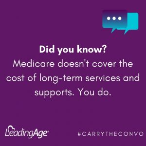 Graphic: Did you know? Medicare doesn’t cover the cost of long-term services and supports. You do. #carrytheconvo LeadingAge.org