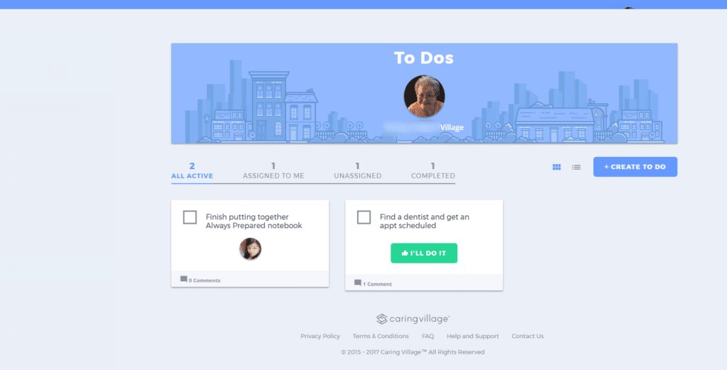 Graphic: Screenshot of To Dos Screen - Caring Village | takingcareofgrandma.com