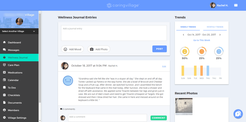 Graphic: Screenshot of Wellness Journal Screen - Caring Village | takingcareofgrandma.com