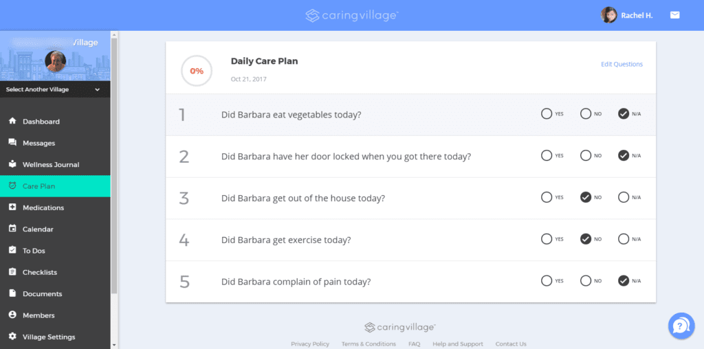 Graphic: Screenshot of Care Plans Screen - Caring Village | takingcareofgrandma.com