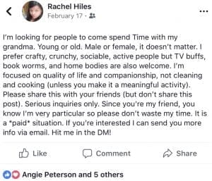 Graphic: Facebook post recruiting helpers for Grandma