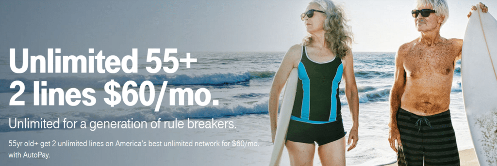 Graphic: Tmobile banner, Unlimited 55+ 2 lines $60/month
